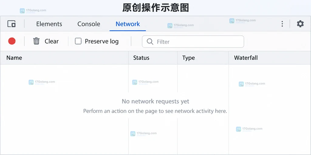 Network面板录制按钮和Clear入口的原创操作示意图