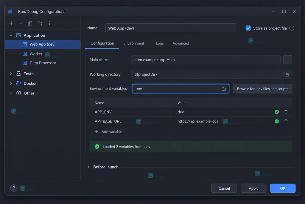 JetBrains IDE Environment variables 字段选择 .env 文件并显示变量键值的原创界面说明图