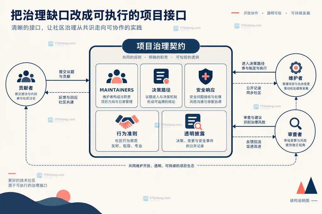 个人开发工作流与项目正式治理之间存在贡献披露、安全审查和维护者决策断层的原创说明图