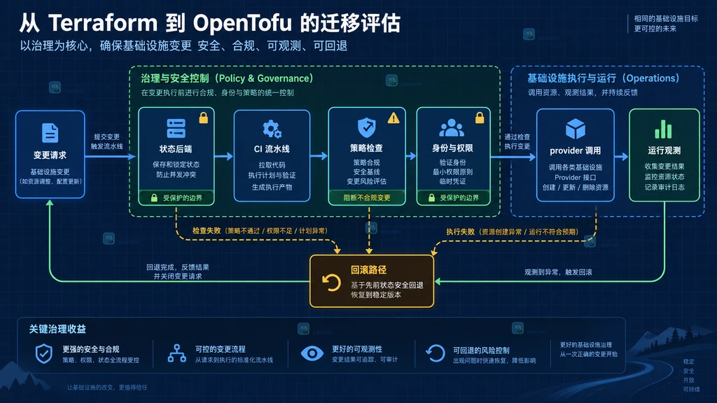 OpenTofu 迁移中状态流水线策略权限和回滚关系的原创结构图