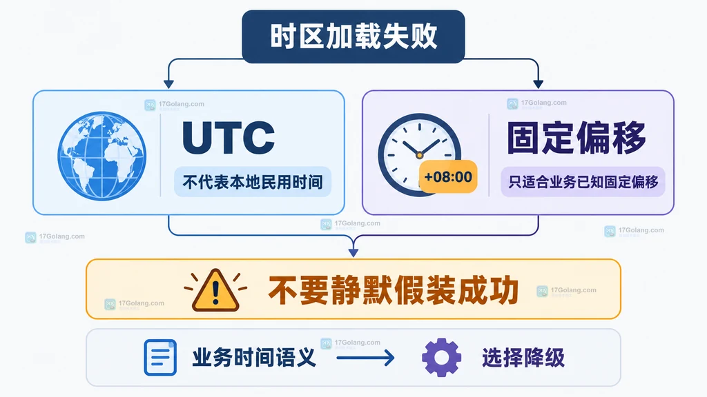 时区加载失败后 UTC 与固定偏移两种降级语义的对比说明图