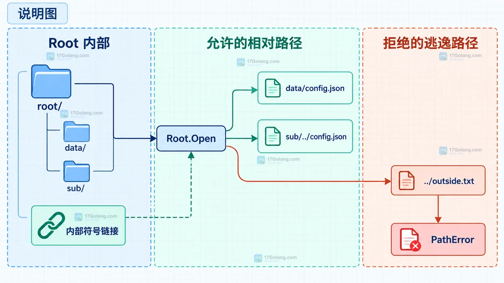 Root.Open 对普通相对路径、内部回退路径、越界路径和符号链接的边界关系说明图