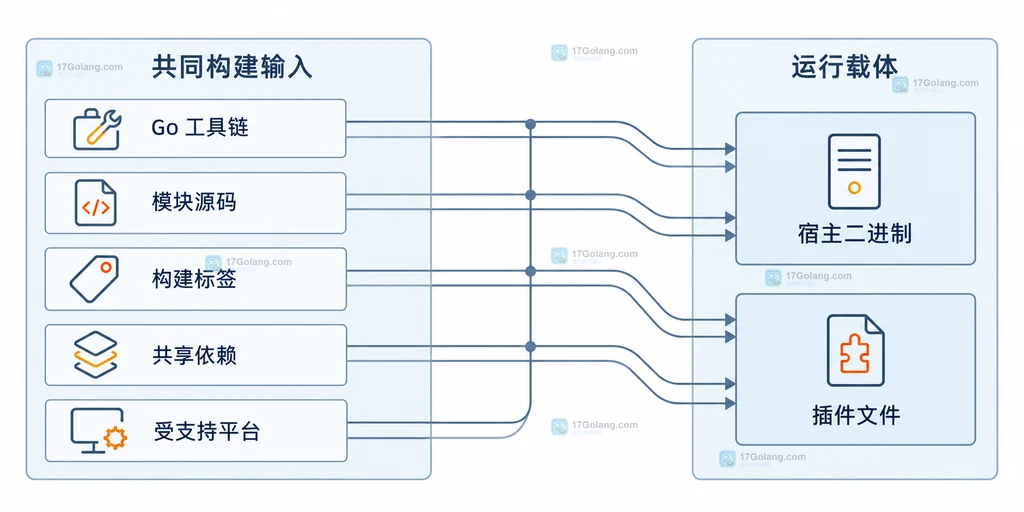 Go plugin 工具链、构建标签、共享依赖与平台边界关系图