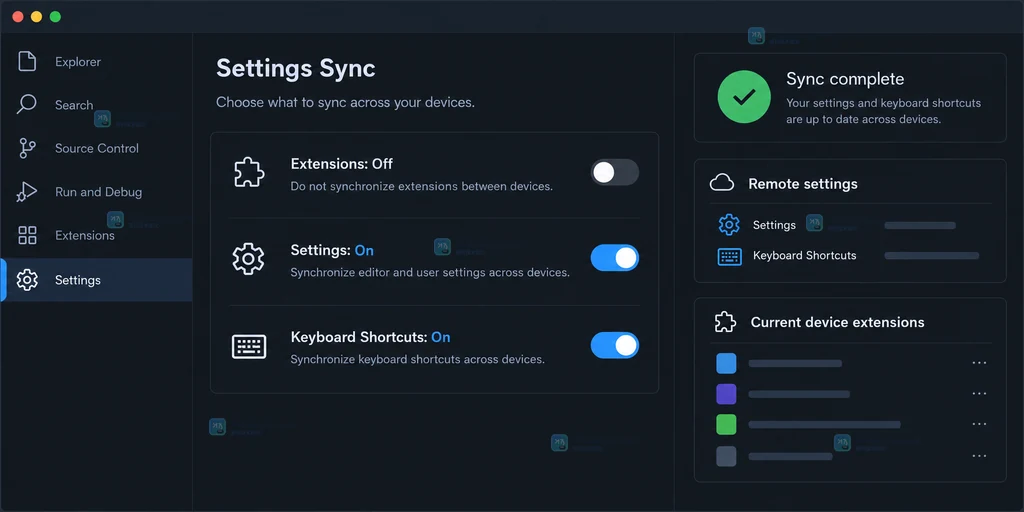 原创界面说明图：Extensions 关闭但 Settings 和 Keyboard Shortcuts 保持开启的同步确认状态