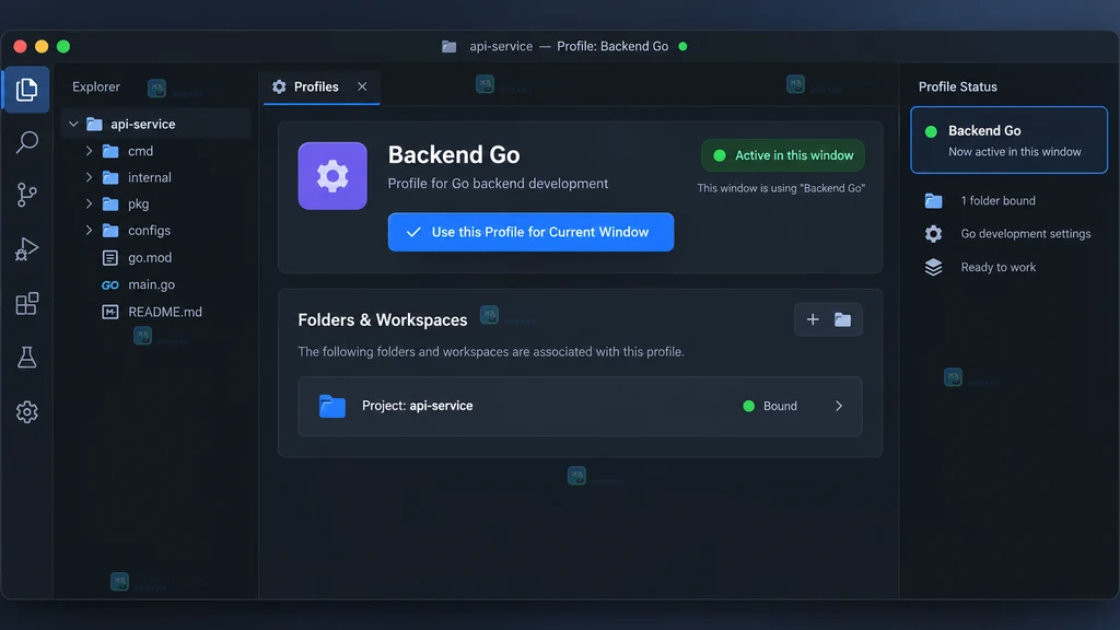 原创 VS Code Profile 绑定工作区结果界面说明图，展示 Backend Go 和 Folders & Workspaces