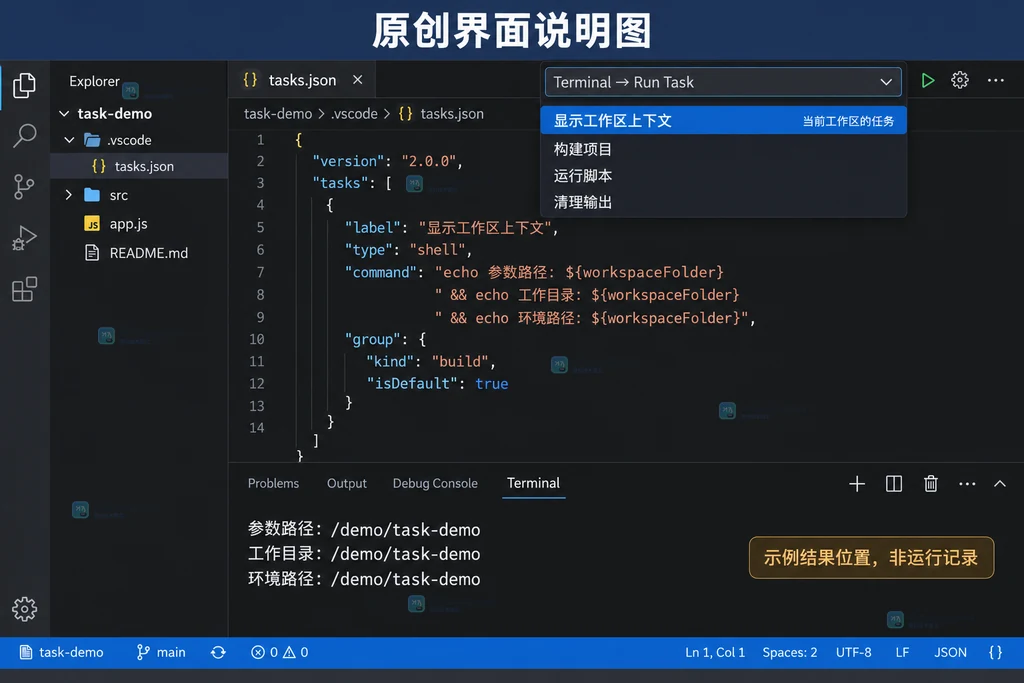 运行任务入口与三项路径结果区域的原创界面说明图