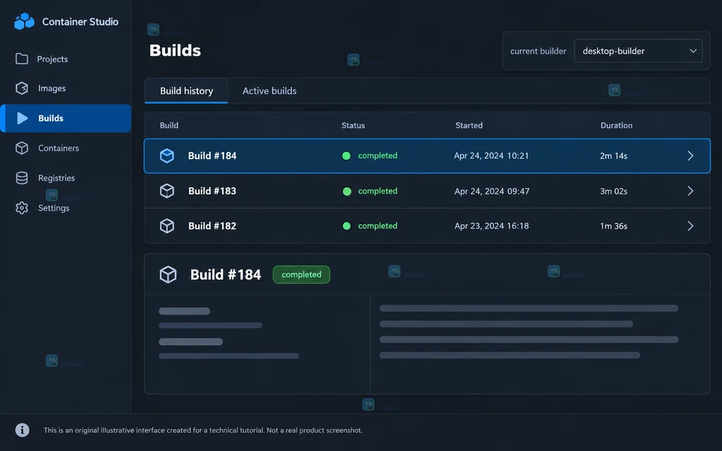 Docker Desktop Builds 视图中选中构建记录和 builder 的原创界面说明图