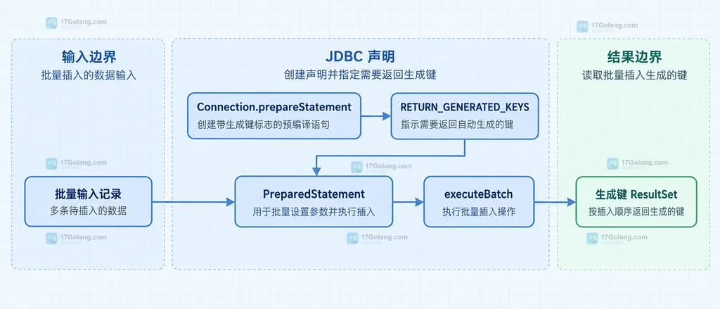 批量输入记录、PreparedStatement 生成键选项、executeBatch 和生成键 ResultSet 的静态关系说明图