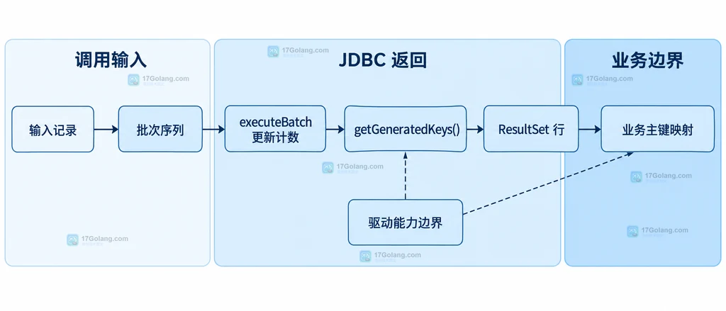 输入记录、批次序列、getGeneratedKeys 结果集和业务主键映射边界的静态说明图