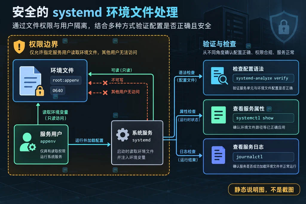 systemd 环境文件 root 所有、专用组 0640 只读与三层生效检查的权限边界说明图