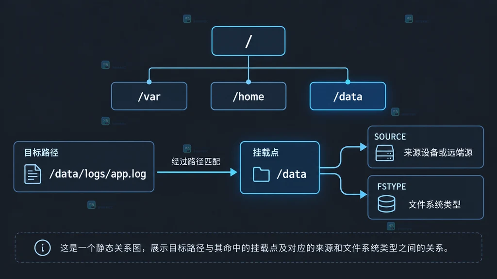 findmnt 将目标路径映射到挂载点来源和文件系统类型的静态结构