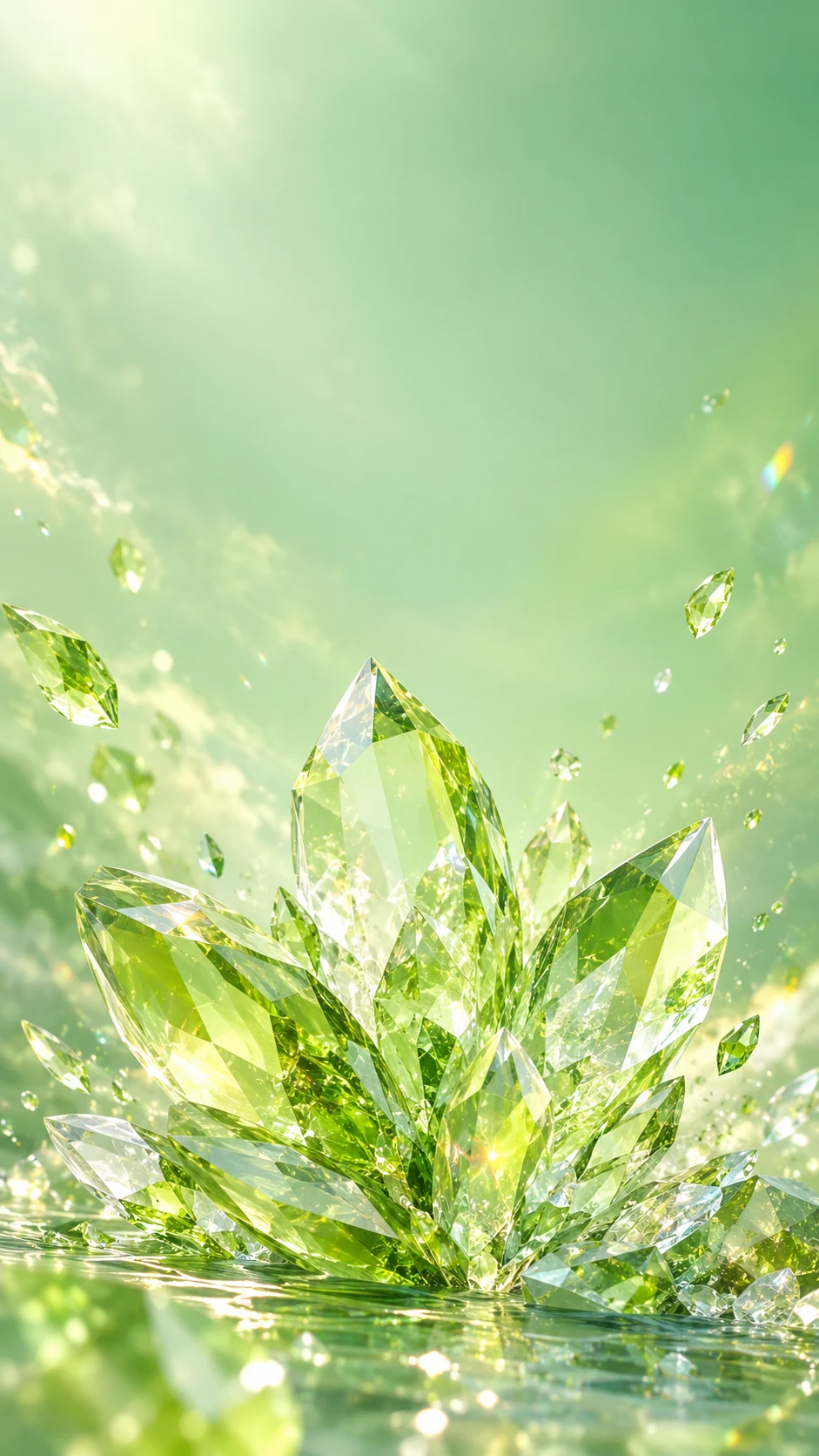 青柠晶柱手机壁纸变体说明图，右下方单体高晶柱与左侧低细节留白形成纵向重心