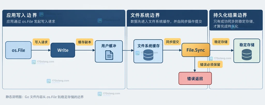 临时文件、File.Sync、os.Rename、目标文件名和父目录元数据的边界结构图