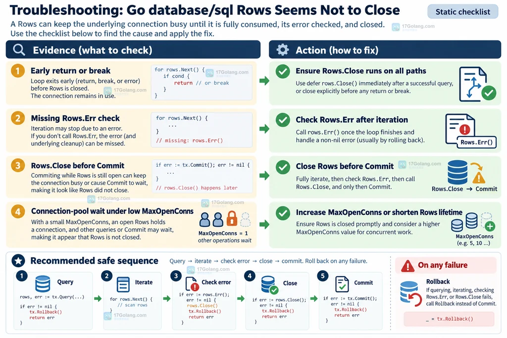 Go database/sql 事务与 Rows 生命周期，从 QueryContext 到 Rows.Err、Rows.Close、Commit，并在错误时 Rollback 的静态解释图