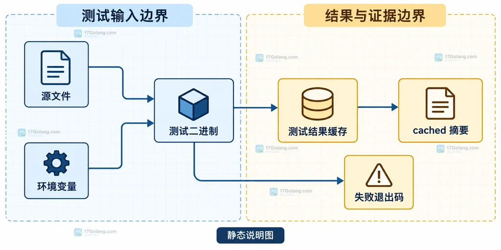 Go test 缓存把测试二进制、输入文件、环境变量和摘要输出连接起来的静态关系说明图
