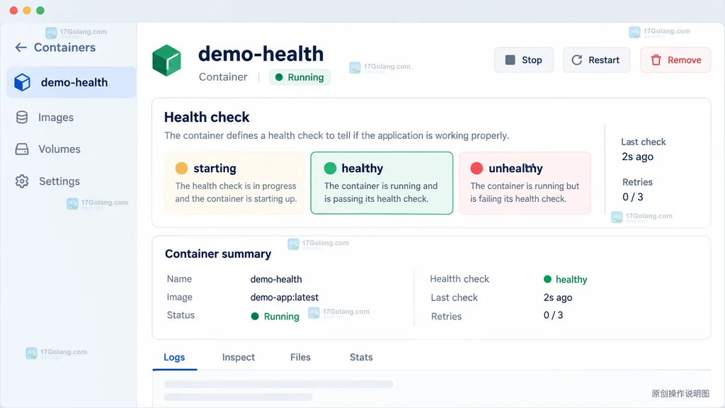 Docker Desktop 容器详情中同时显示运行状态和 starting、healthy、unhealthy 健康状态的原创操作说明图