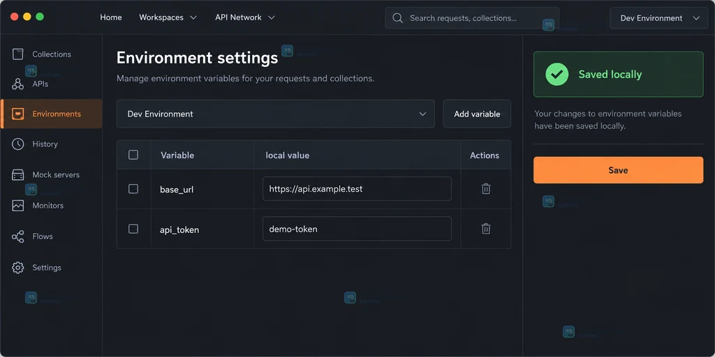 原创 API 客户端环境设置说明图，展示 base_url、api_token 和本地值