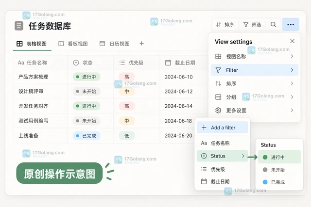 Notion 怎样按状态筛选数据库视图
