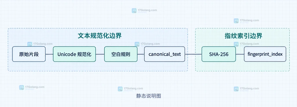 chunk_text、exact_fingerprint、near_duplicate_candidate、source_metadata、canonical_chunk 和 vector_index 的入库边界结构说明图