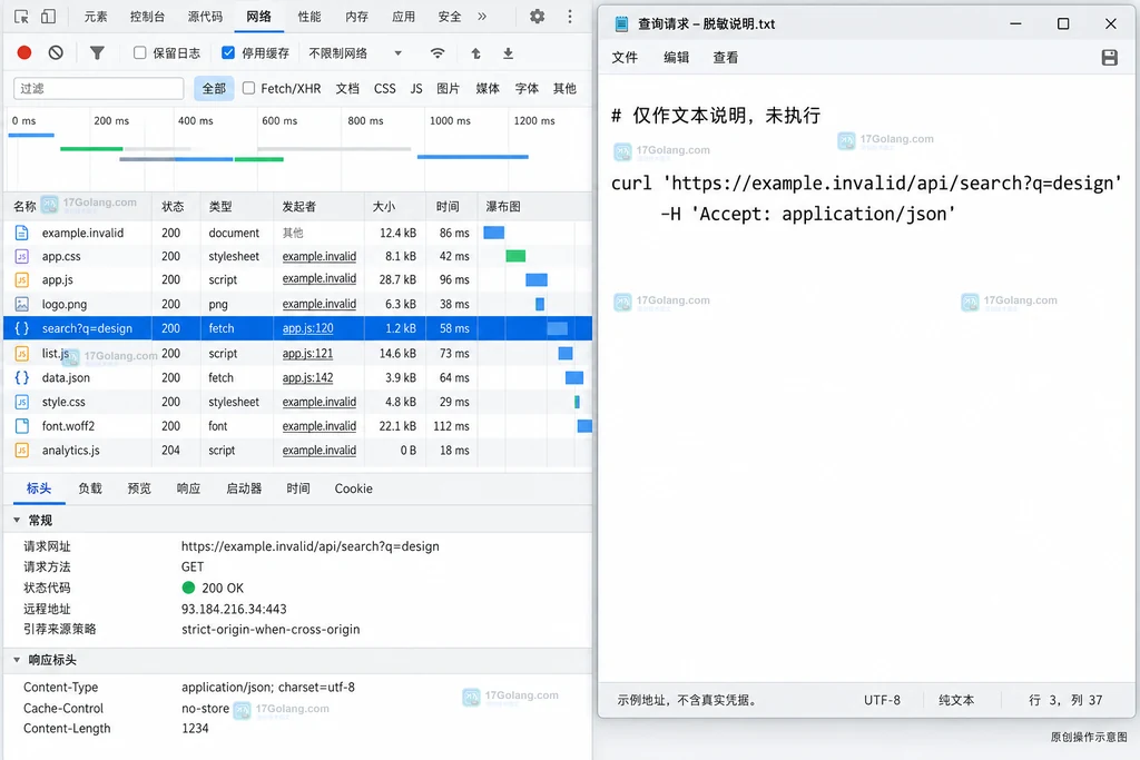 原创本地纯文本草稿窗口展示虚构域名的 curl 文本、Accept 请求头和未执行的说明