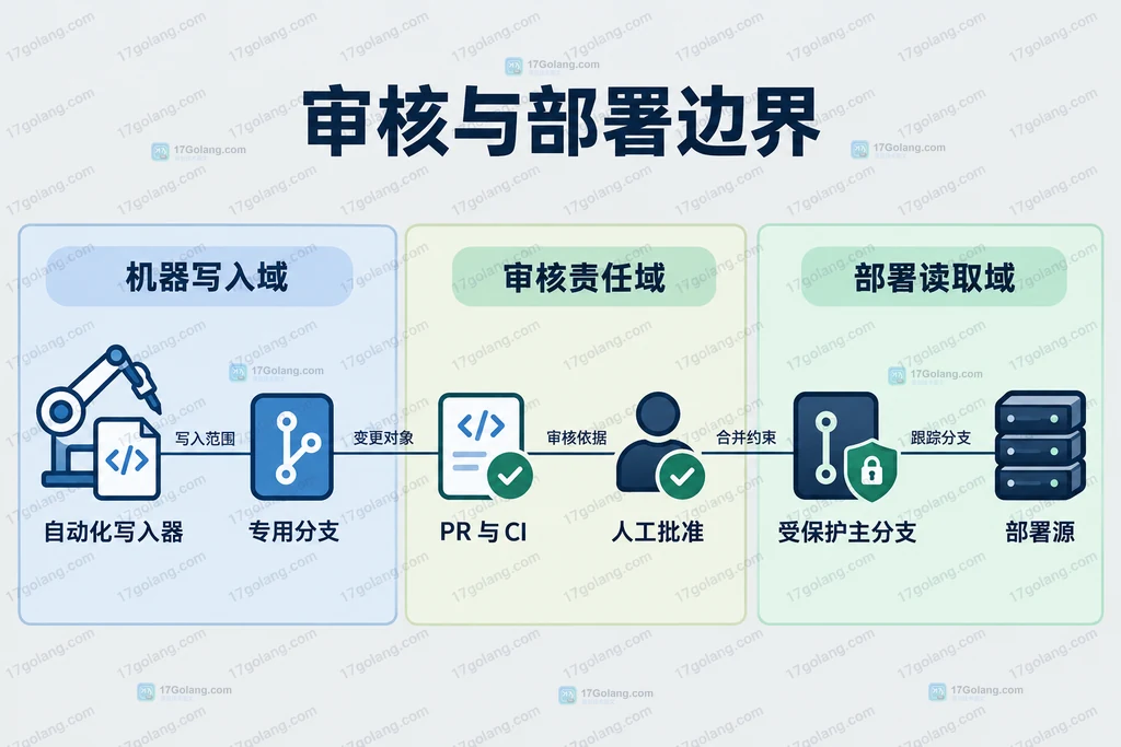 自动化分支、审批系统和部署源的门禁职责结构图