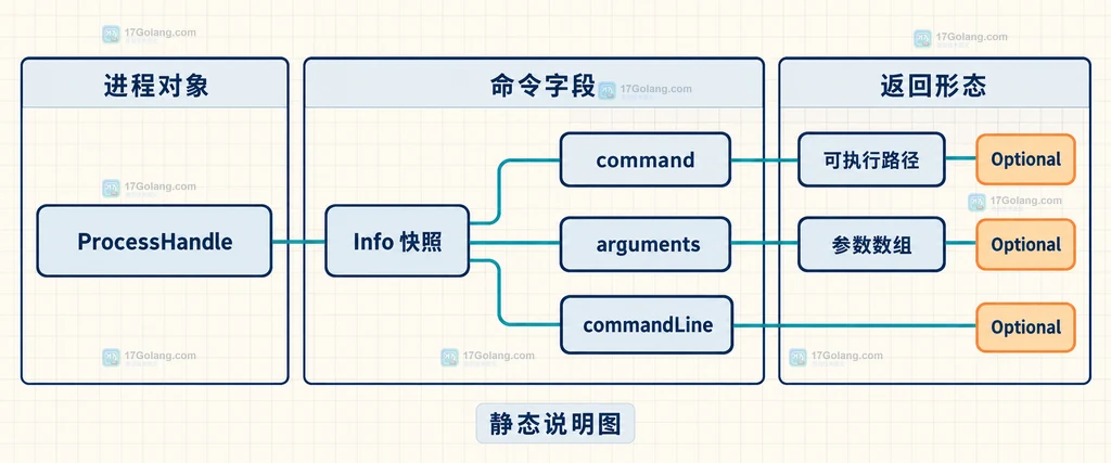 ProcessHandle.Info 与 command、arguments、commandLine 字段关系的静态说明图