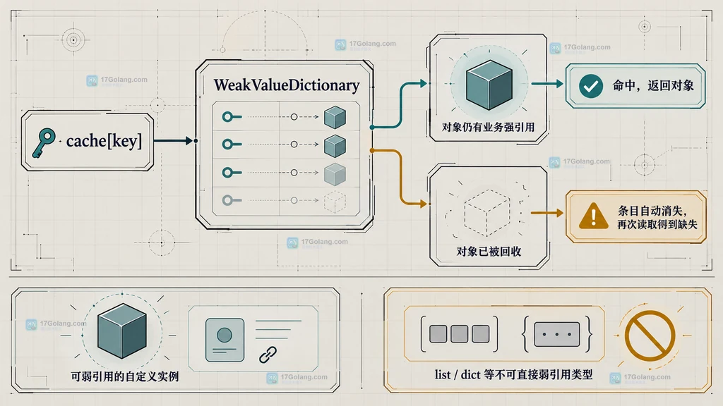 Python WeakValueDictionary 缓存命中、对象回收和不可弱引用类型边界结构说明图