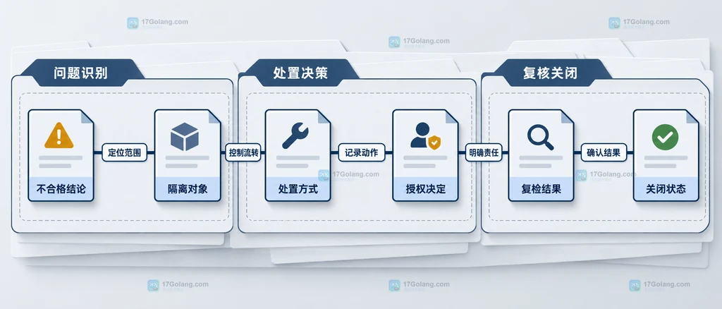 制造企业不合格处置中隔离对象、处置决定、授权人、复检结果和关闭状态的关系示意图