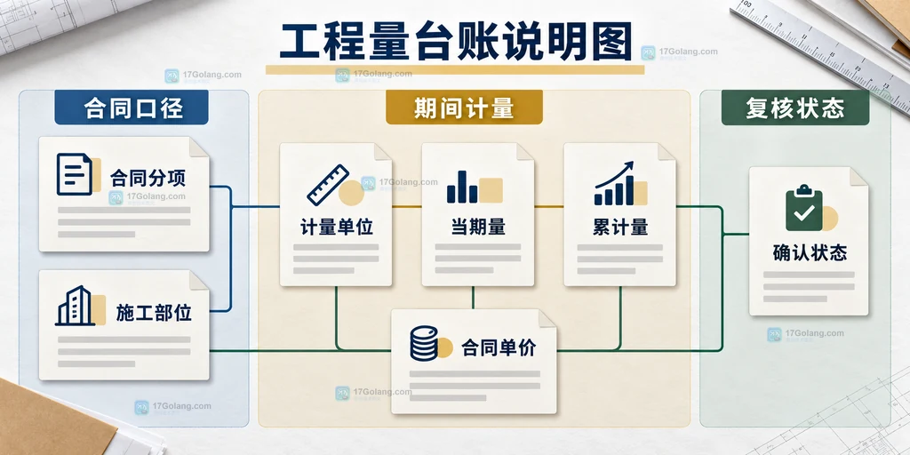 建筑分包工程量台账说明图，展示合同分项、部位、当期量、累计量和确认状态的关联