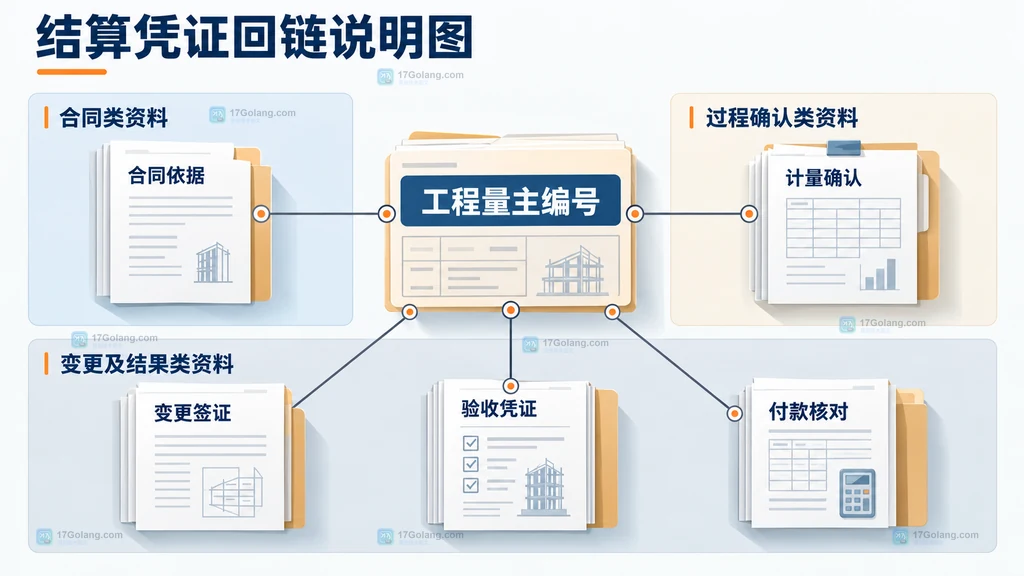 建筑分包结算凭证回链说明图，展示工程量行与合同、计量、验收、签证和付款凭证的对应关系