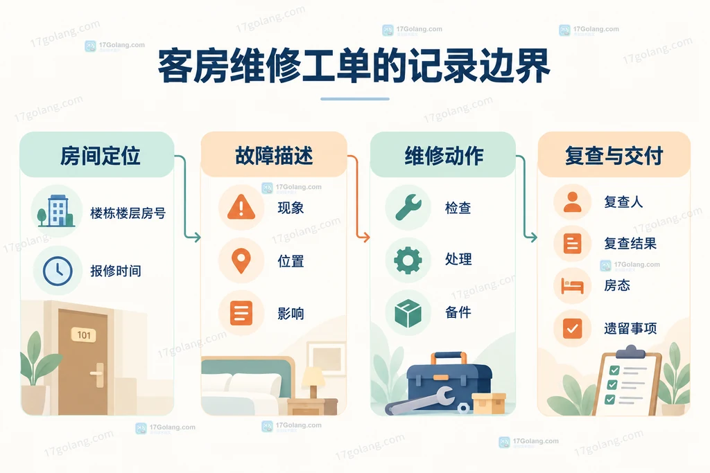 酒店客房维修工单中故障、维修、复查和房态字段的关系说明图