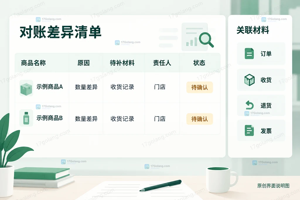 原创对账差异工作表界面说明图，展示原因、证据和责任字段