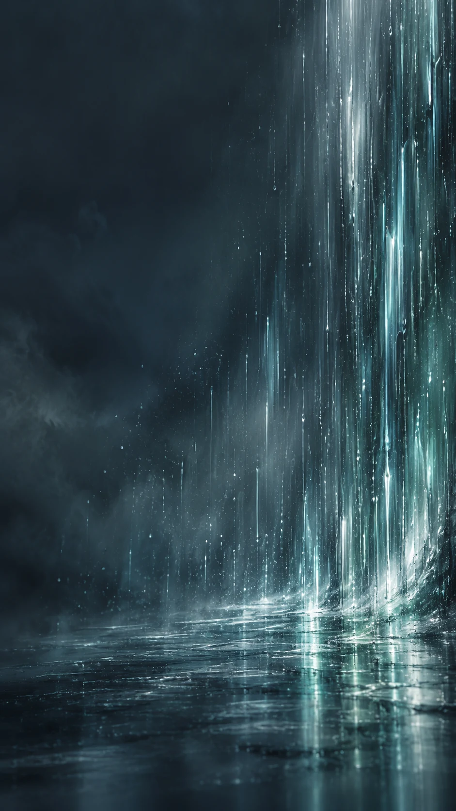 青灰色抽象雨幕手机壁纸变体,高亮竖向雨线集中在右侧