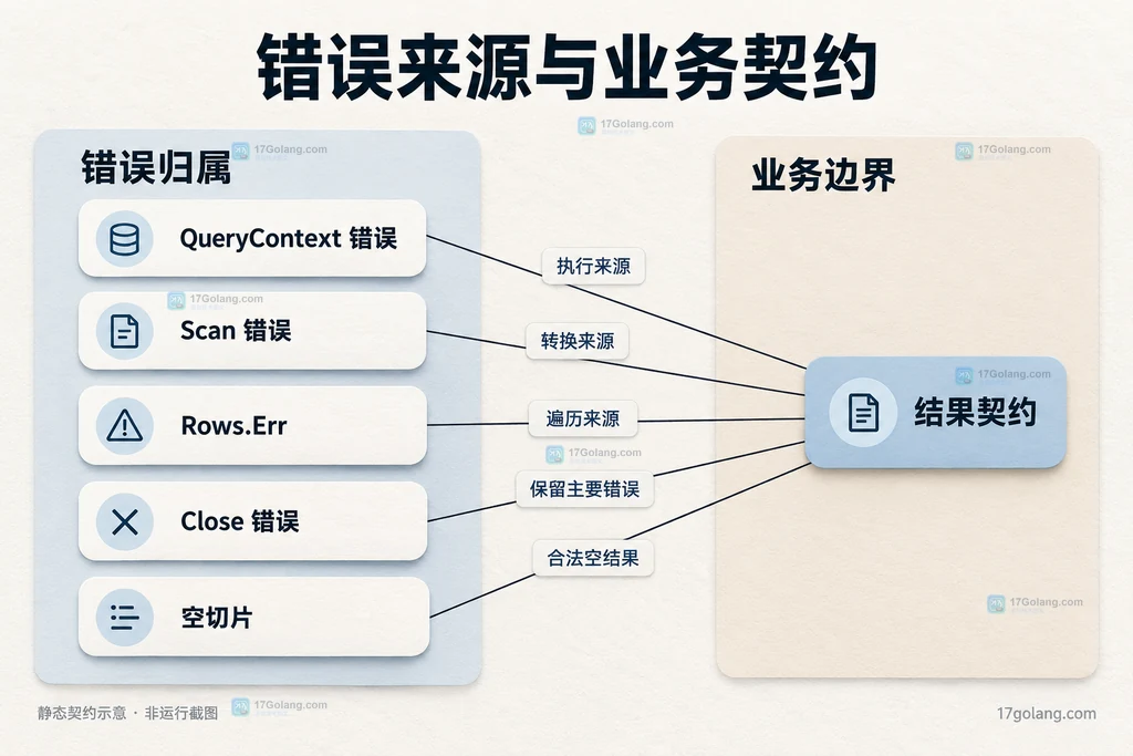 查询扫描遍历关闭四种错误各自归属,以及空切片与结果契约两项业务边界