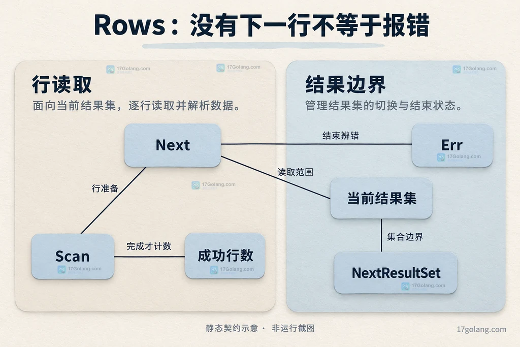 Rows读取契约分成行读取与结果边界两组,连接Next、Scan、Err和行数