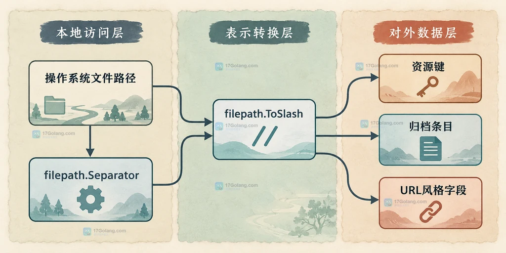 文件系统路径经过 filepath.ToSlash 转换为统一斜杠资源键的静态关系说明图