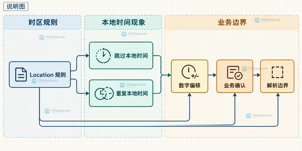 无时区日期、LoadLocation、IANA 规则、ParseInLocation 与 Time 结果之间的静态结构关系说明图