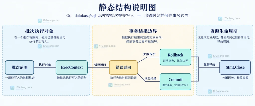 批次范围关联 ExecContext、错误返回、Rollback、Commit 和 Stmt.Close 的静态资源生命周期说明图