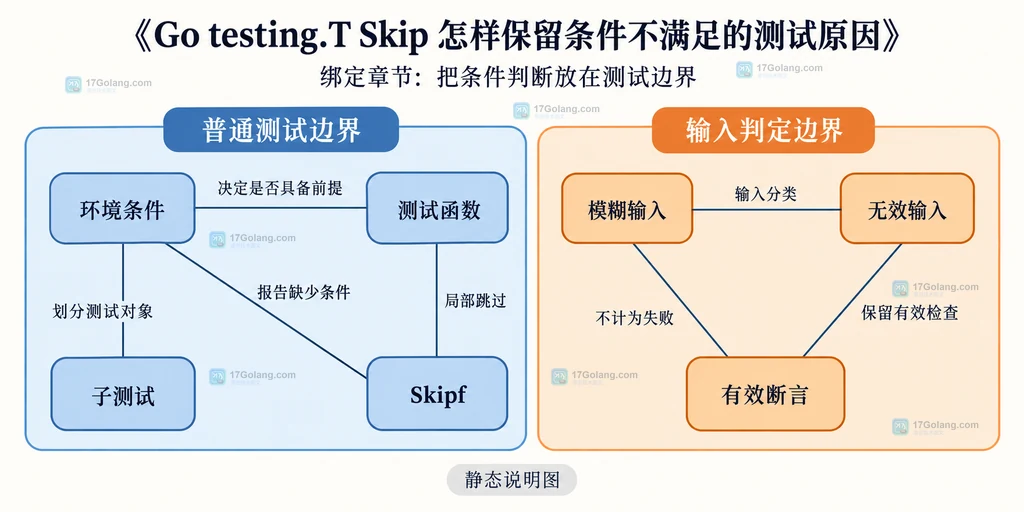 Go 条件测试、子测试和模糊输入分别承载 Skipf 原因的静态边界图