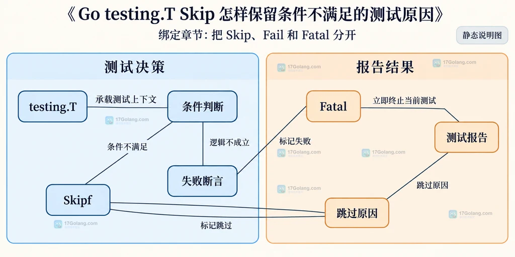 Go testing.T 条件判断、Skipf、失败断言与测试报告之间的静态边界说明图