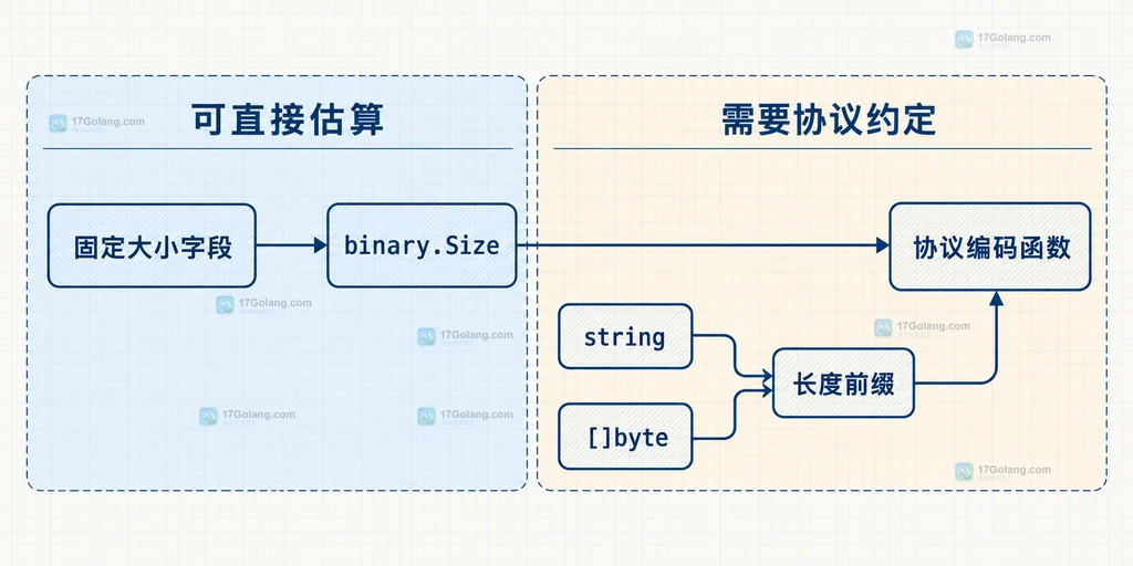 Go encoding/binary.Size 中固定大小类型、数组和结构体字段组成协议长度的静态结构说明图