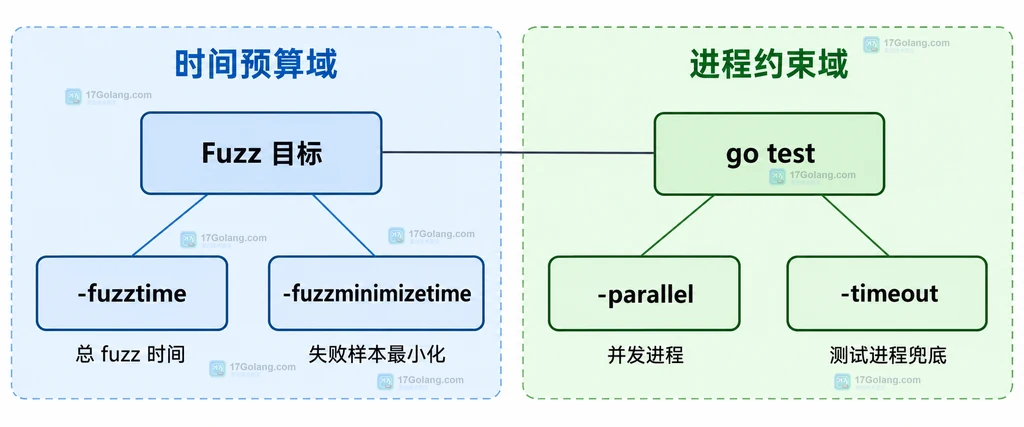 go test、Fuzz 目标与 fuzz 时间并发超时参数的双域静态关系说明图
