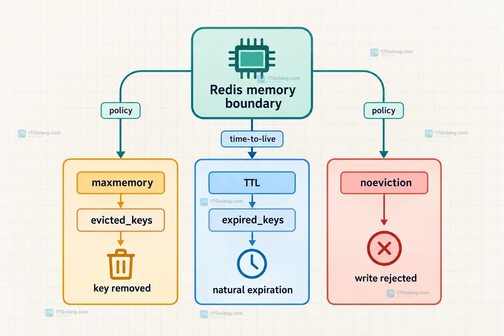 Redis 内存淘汰说明图:maxmemory 边界分向 evicted_keys、expired_keys 与 noeviction 拒写