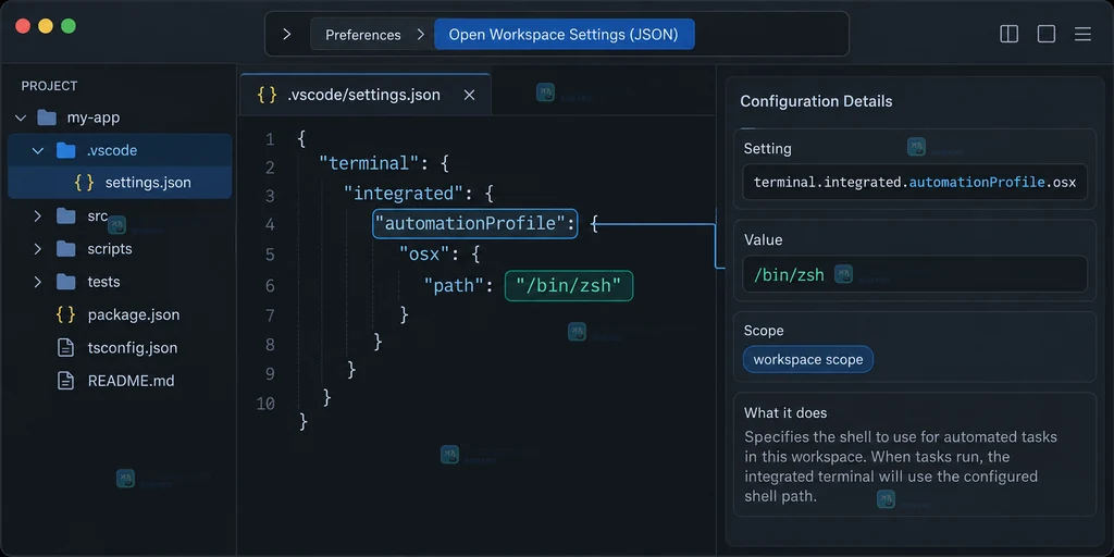 原创界面说明图，展示从工作区设置 JSON 进入 automationProfile 配置