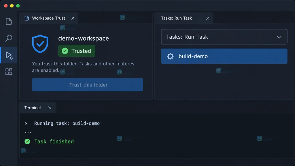 原创界面说明图：Workspace Trust 显示 Trusted，Tasks: Run Task 可见并出现任务完成状态