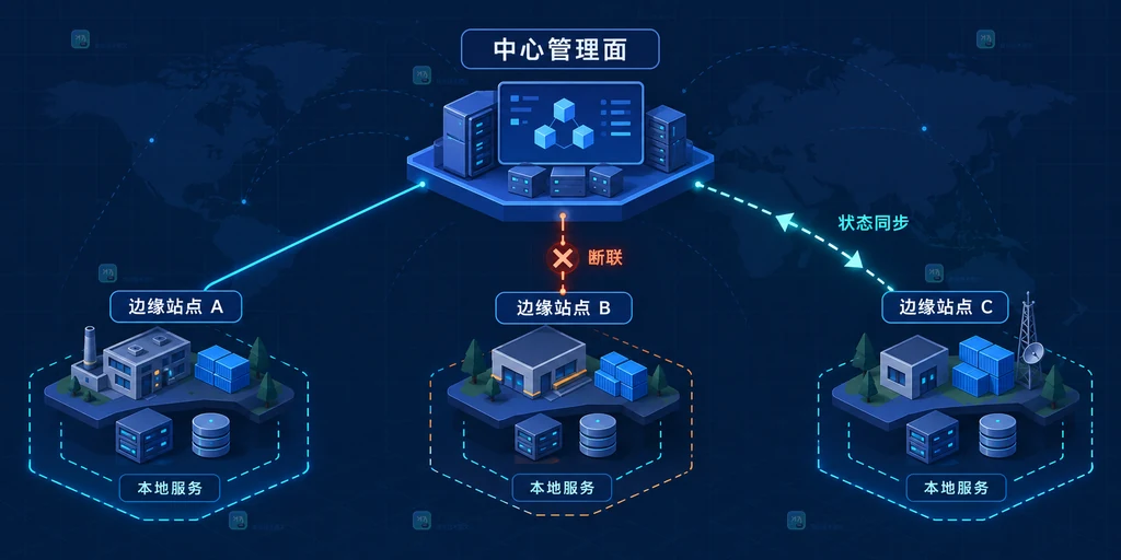 Kubernetes 边缘基础设施说明图：中心控制面连接多个资源受限站点，展示断联与恢复关系