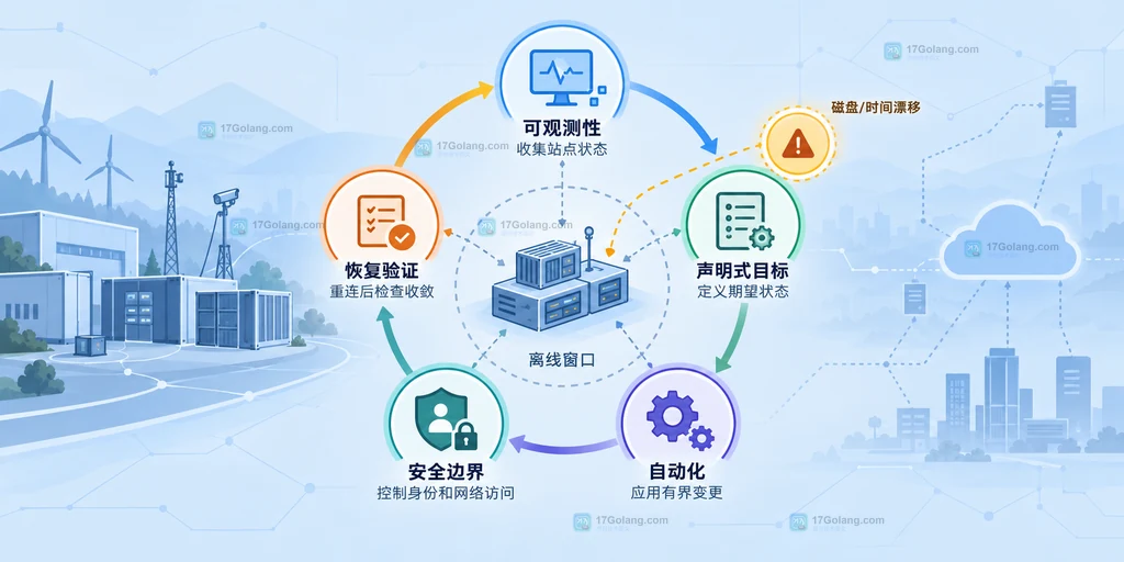 边缘 Kubernetes 运维主线说明图：可观测性、安全与自动化围绕站点状态形成闭环