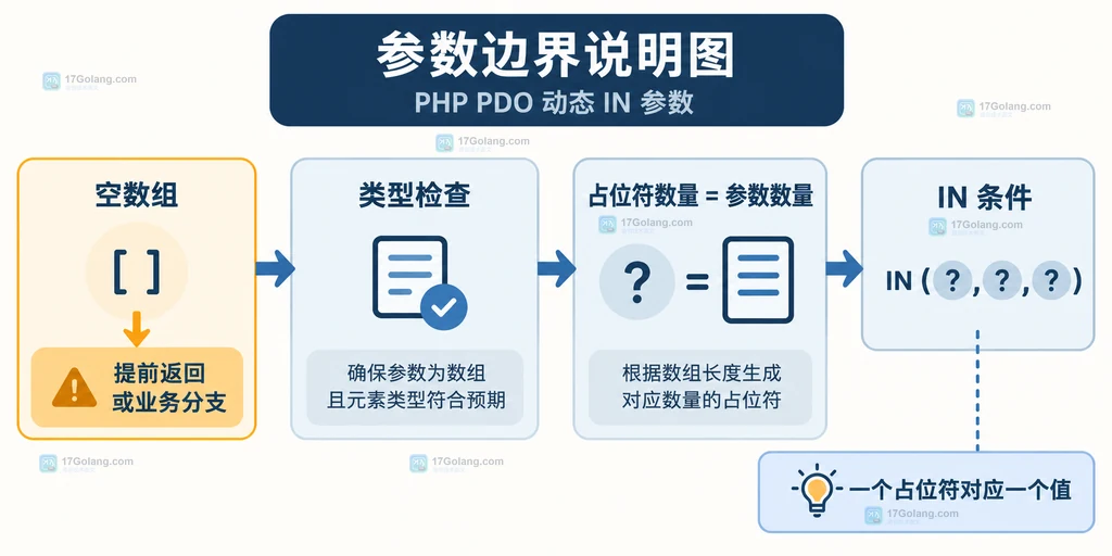 PHP PDO IN 查询中数组、独立问号占位符和 execute 参数数组的结构说明图