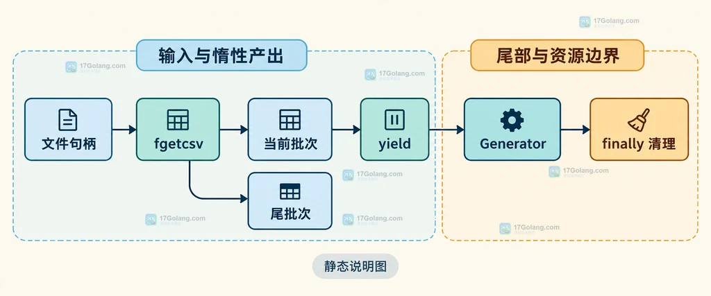 PHP Generator 将文件句柄、逐行读取和批次数组连接起来的静态结构说明图