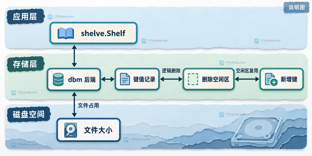shelve、dbm 后端、键值记录与删除空闲区之间的静态关系说明图